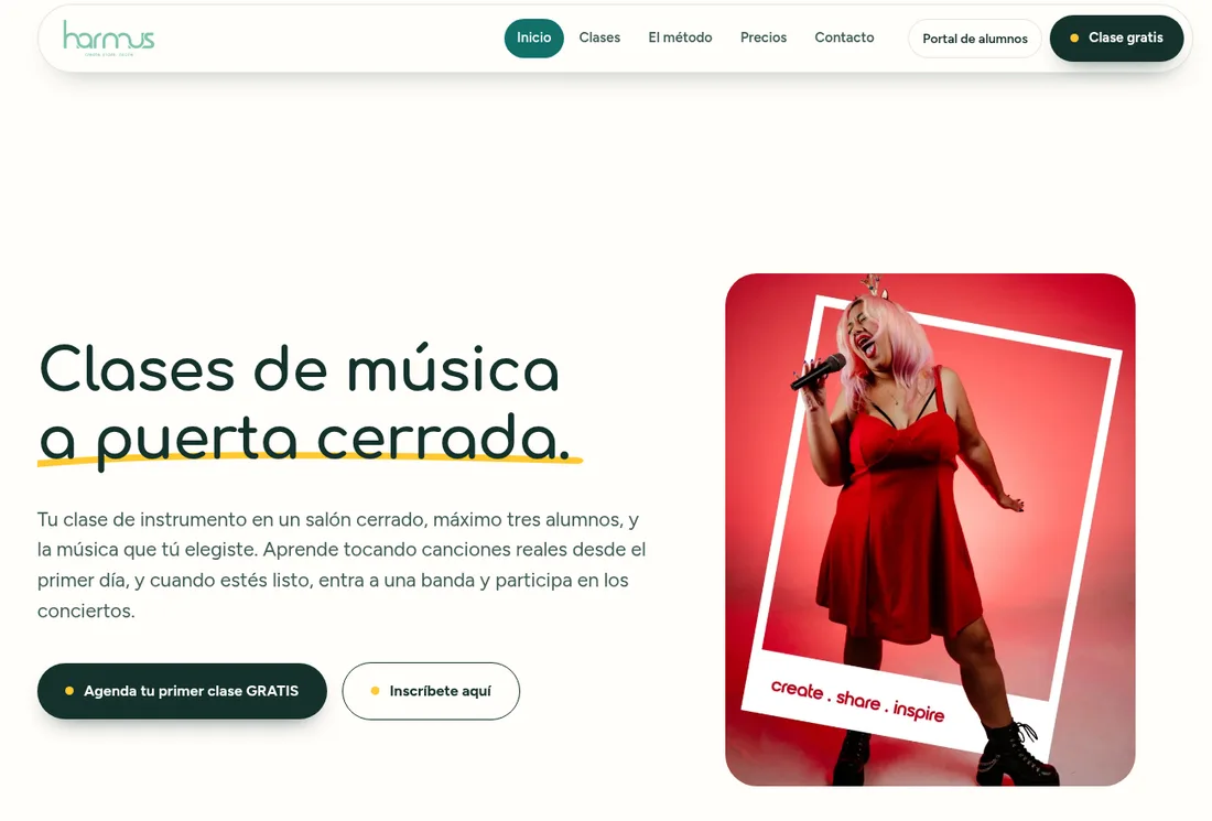 Página web de harmus: clases de música a puerta cerrada y botón para agendar la primera clase gratis.